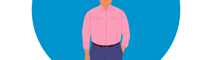 Man in pink shirt and blue trousers