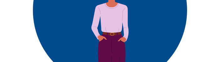 Woman in purple shirt and trousers